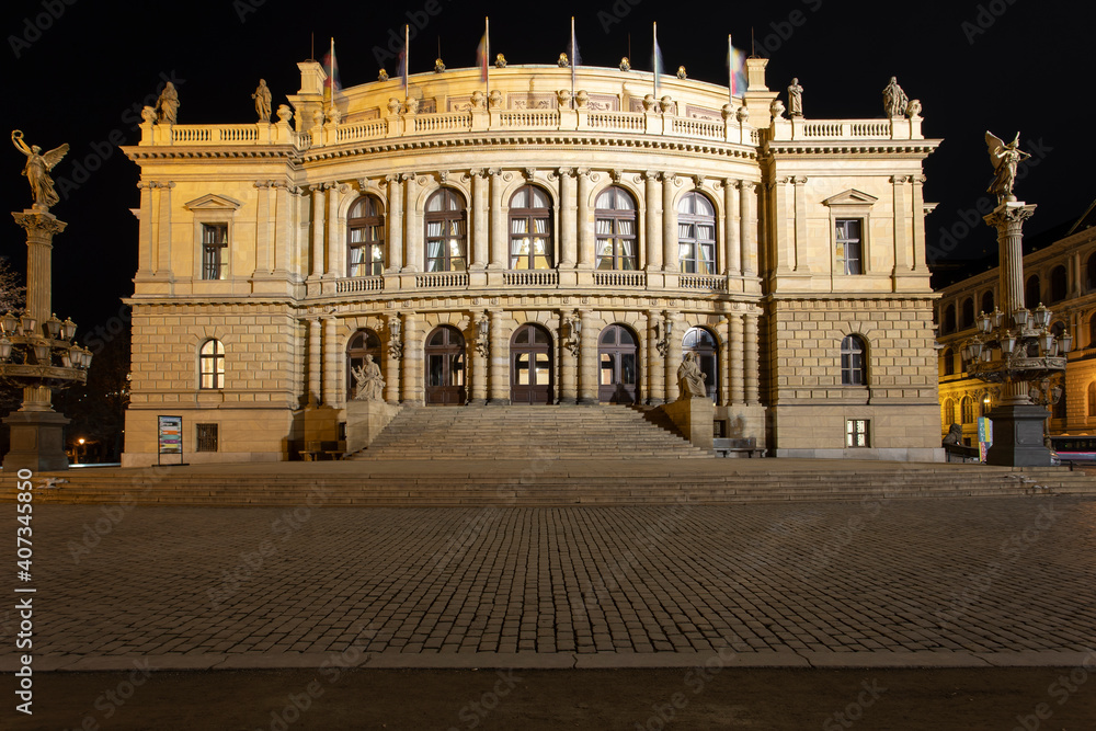 .old opera in prague from the 19th century and light from street lighting in the czech republic