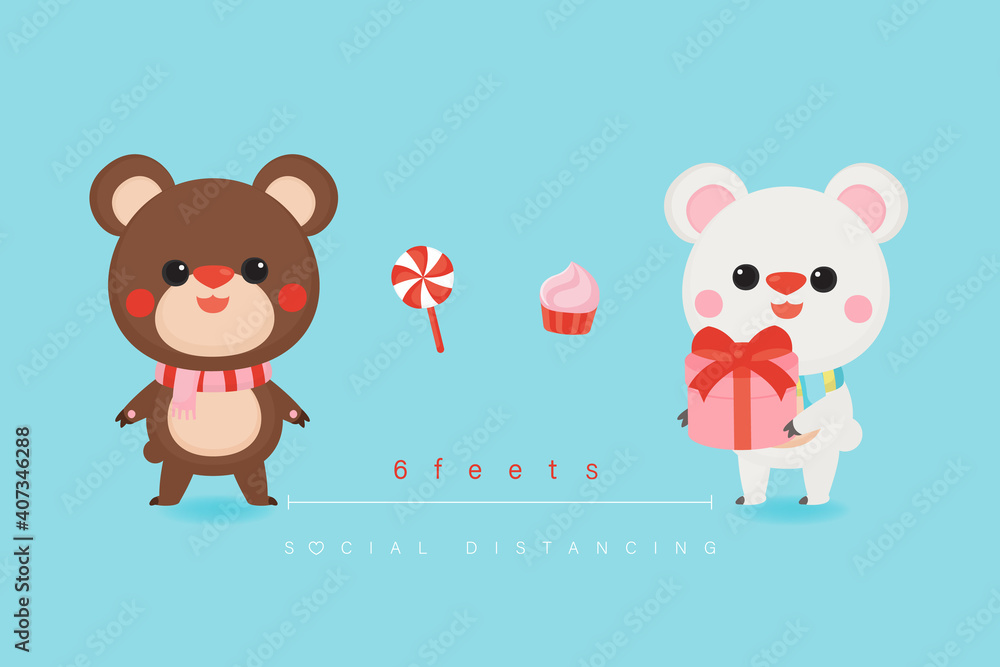 Illustration of Valentine's Day greeting card. Character design. Cute bears with social distancing. Illustration of Valentine's Day greeting card. Character design. Cute bears with social distancing.