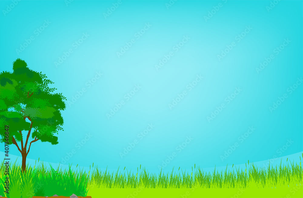 青空と草原と木の背景コピースペース素材