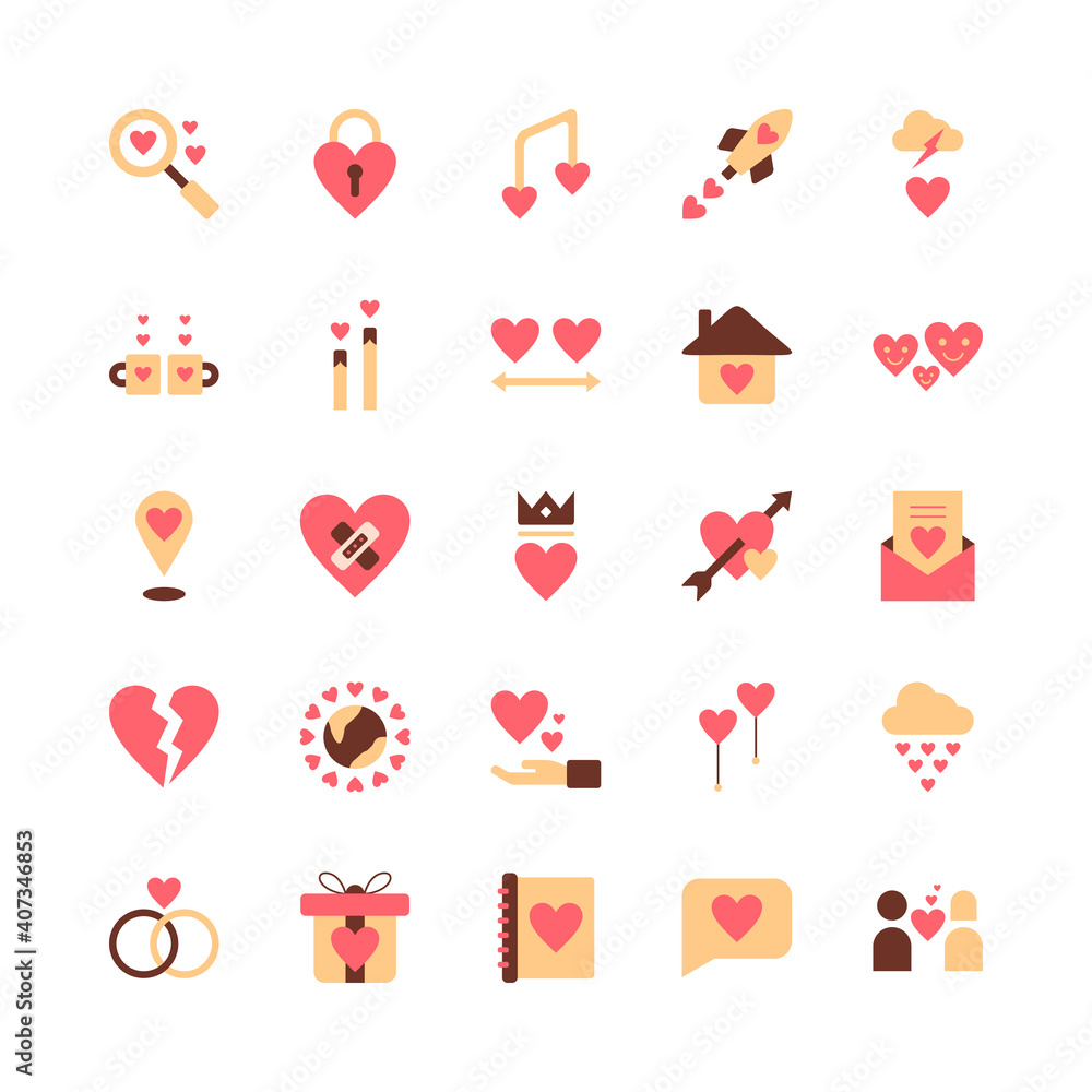 Set of love icon. Romance icon collection such as broken heart, fall in love, couple, wedding rings, and more. Flat style. Set of love icon. Romance icon collection such as broken heart, fall in love, couple, wedding rings, and more. Flat style.