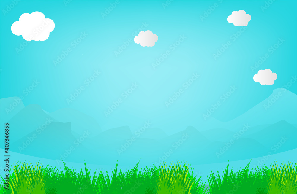 青空と草原と山々の背景コピースペース素材