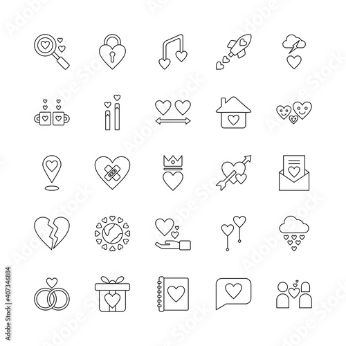 Set of love icon. Romance icon collection such as broken heart, fall in love, couple, wedding rings, and more. Outline style.