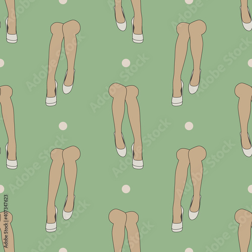 Seamless geometrical pattern with beautiful female legs in fancy shoes and polka dots. Modern pin up or pop art style.
