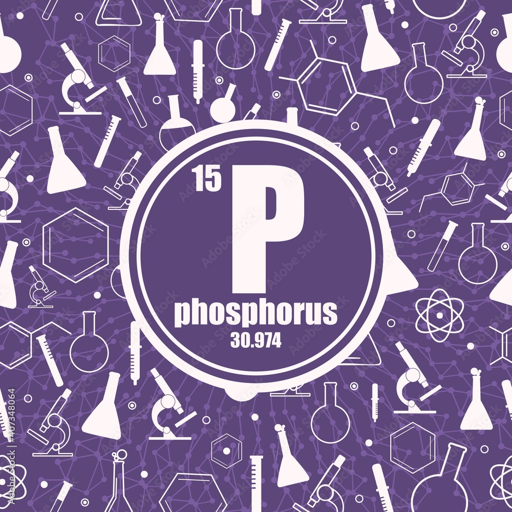 Fototapeta premium Phosphorus chemical element. Sign with atomic number and atomic weight. Chemical element of periodic table. Connected lines with dots. Circle frame with icons.