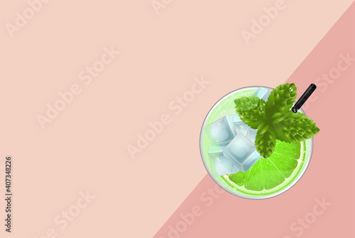 Mojito cocktail with lime, mint and ice top view. Cold alcoholic or non-alcoholic long drink. Vector illustration on pink background