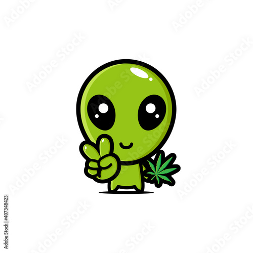 Vector design of cute alien character holding marijuana