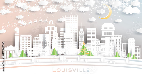 Louisville Kentucky USA City Skyline in Paper Cut Style with Snowflakes  Moon and Neon Garland.