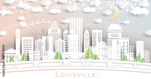 Louisville Kentucky USA City Skyline in Paper Cut Style with Snowflakes, Moon and Neon Garland.