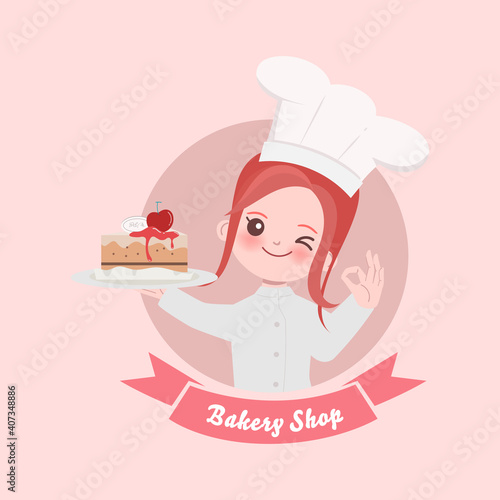 Woman cute chef is cooking character. Hand drawn vector illustration.	