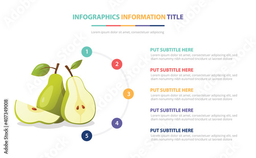 pear fruit infographic template with 5 colorfull bullet number description