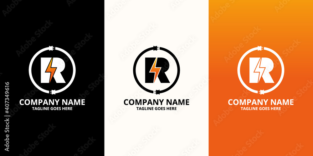 Flash initial letter R Logo Icon Template. Illustration vector graphic. Design concept Electrical Bolt and electric plugs With letter symbol. Perfect for corporate, more technology brand identity Flash initial letter R Logo Icon Template. Illustration vector graphic. Design concept Electrical Bolt and electric plugs With letter symbol. Perfect for corporate, more technology brand identity