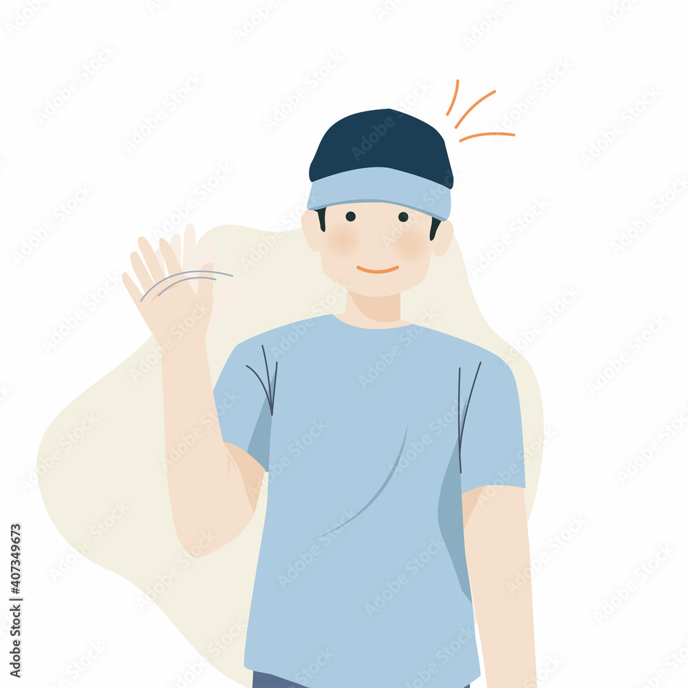 Boy cartoon character wearing hat smiling and waving hand Boy cartoon character wearing hat smiling and waving hand