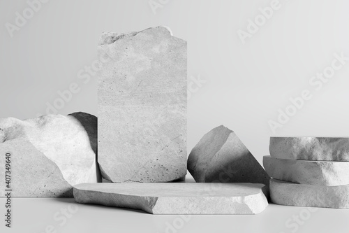 White stone podium, Cosmetic display product stand on white background. 3D rendering photo