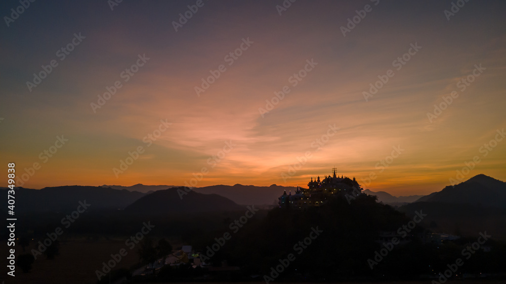 Panorama Landscape of Temple on the mountain at Simalai Songtham Temple in Khao Yai, Pak Chong, Nakhon Ratchasima, Thailand in sunset time