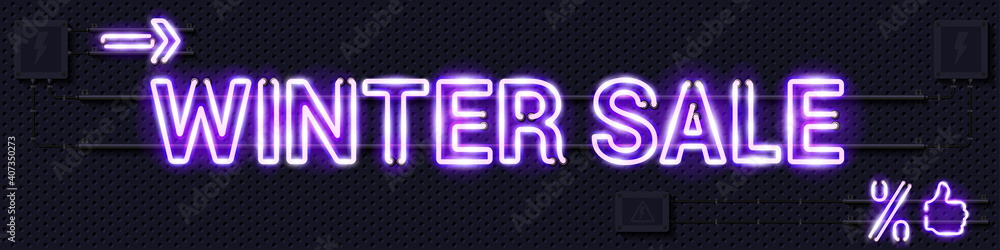 WINTER SALE glowing purple neon lamp sign. Realistic vector illustration. Perforated black metal grill wall with electrical equipment. WINTER SALE glowing purple neon lamp sign. Realistic vector illustration. Perforated black metal grill wall with electrical equipment.