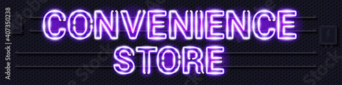 CONVENIENCE STORE glowing purple neon lamp sign. Realistic vector illustration. Perforated black metal grill wall with electrical equipment.