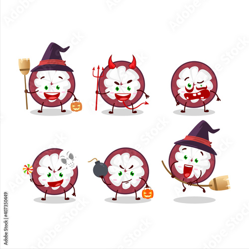 Halloween expression emoticons with cartoon character of slice of mangosteen