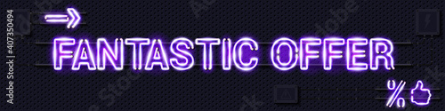 FANTASTIC OFFER glowing purple neon lamp sign. Realistic vector illustration. Perforated black metal grill wall with electrical equipment.