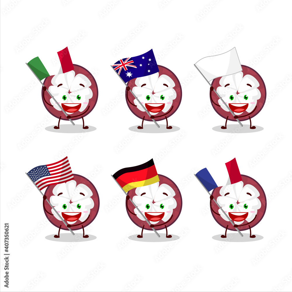 Slice of mangosteen cartoon character bring the flags of various countries