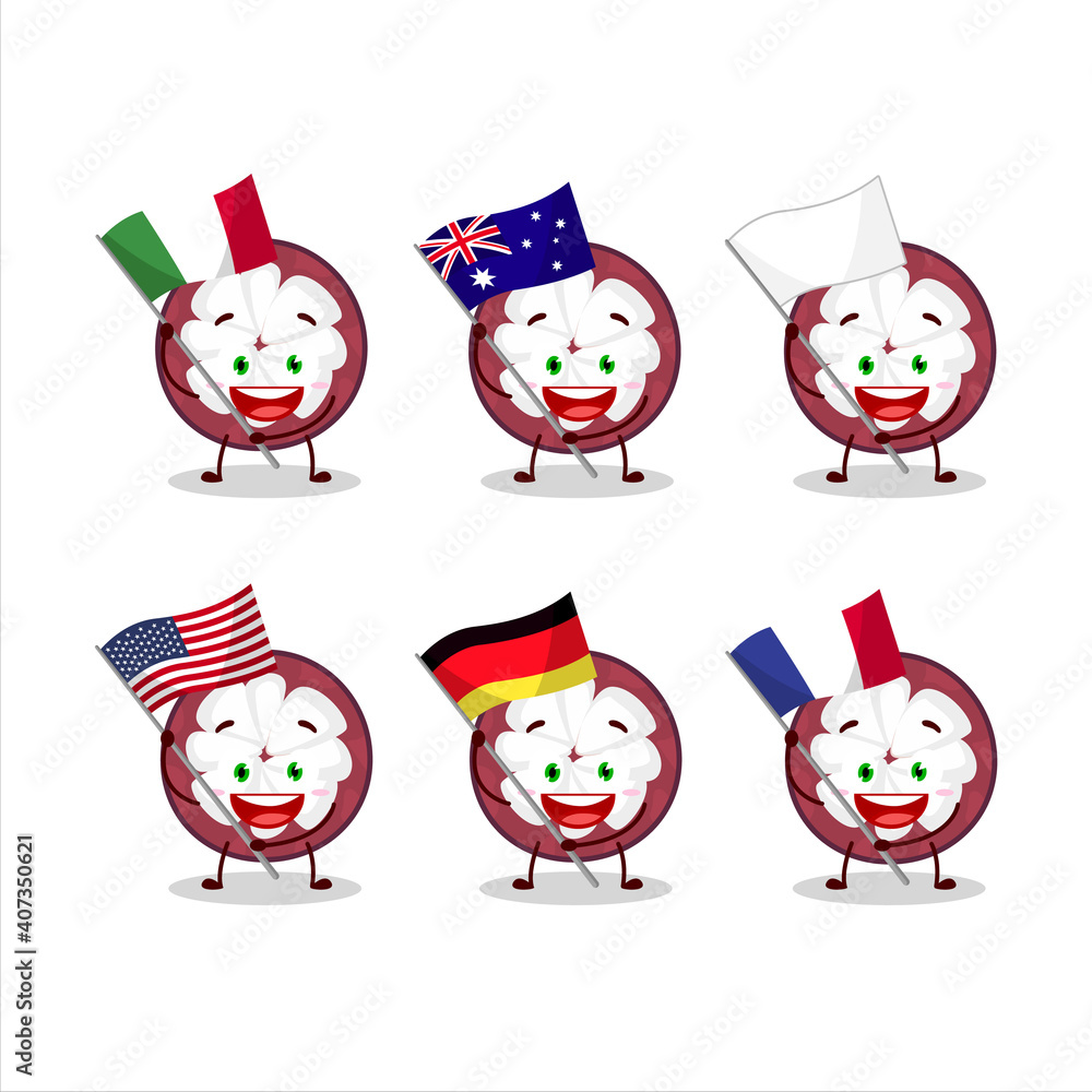 Slice of mangosteen cartoon character bring the flags of various countries Slice of mangosteen cartoon character bring the flags of various countries