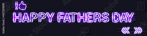 HAPPY FATHERS DAY glowing purple neon lamp sign. Realistic vector illustration. Perforated black metal grill wall with electrical equipment.