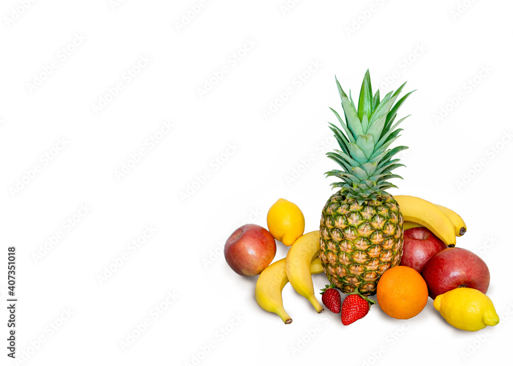 A pile of fresh fruits on a white background.