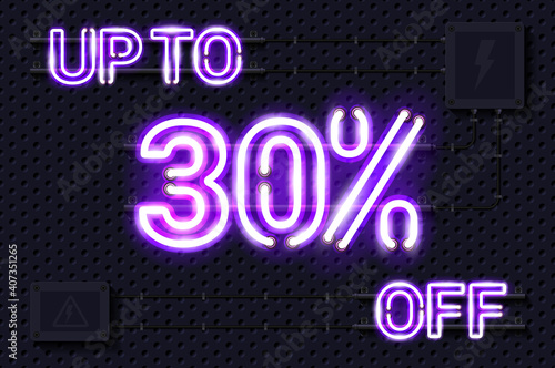 UP TO 30 percent OFF glowing purple neon lamp sign. Realistic vector illustration. Perforated black metal grill wall with electrical equipment.