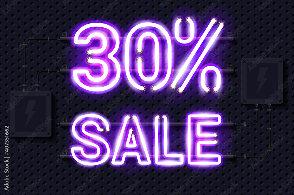 30 percent SALE glowing purple neon lamp sign. Realistic vector illustration. Perforated black metal grill wall with electrical equipment.