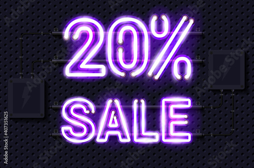 20 percent SALE glowing purple neon lamp sign. Realistic vector illustration. Perforated black metal grill wall with electrical equipment.