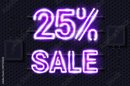 25 percent SALE glowing purple neon lamp sign. Realistic vector illustration. Perforated black metal grill wall with electrical equipment.