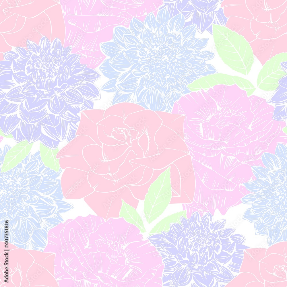 Girly flowers seamless pattern. Roses and dahlias are a delicate wind background.