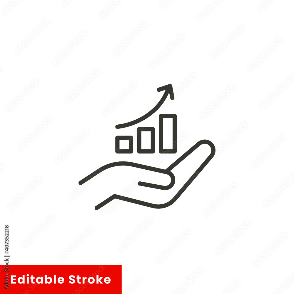 Hand and profit icon. Simple line style for web template and app. Future, pick, revenue, business, achievement, chart, diagram, vector illustration design on white background. Editable stroke EPS 10