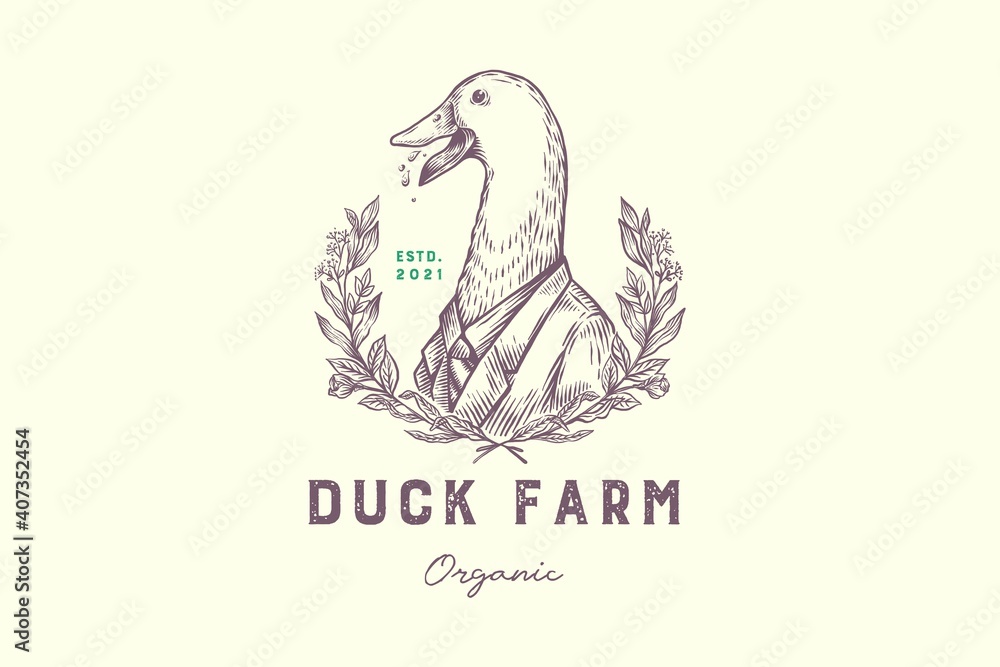 Funny hand drawn Duck wearing suite organic farming vintage logo Funny hand drawn Duck wearing suite organic farming vintage logo