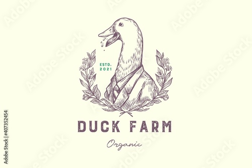 Funny hand drawn Duck wearing suite organic farming vintage logo