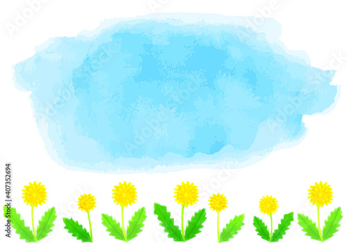 水彩のタンポポと青空のフレームイラスト
