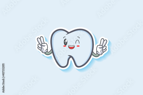 GRINNING WINK, HAPPY, CHEERFUL Face Emotion. Double Peace Hand Gesture. Tooth Cartoon Drawing Mascot Illustration.