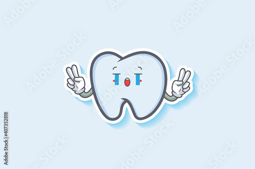 CRYING, SAD, SOB, CRY Face Emotion. Double Peace Hand Gesture. Tooth Cartoon Drawing Mascot Illustration.
