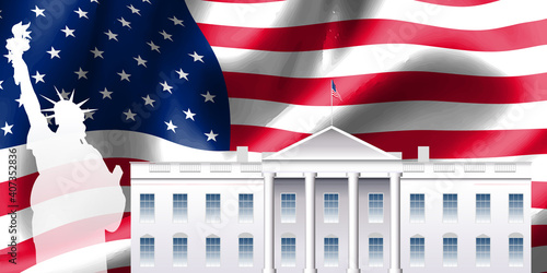 アメリカ　 国旗　ホワイトハウス　背景