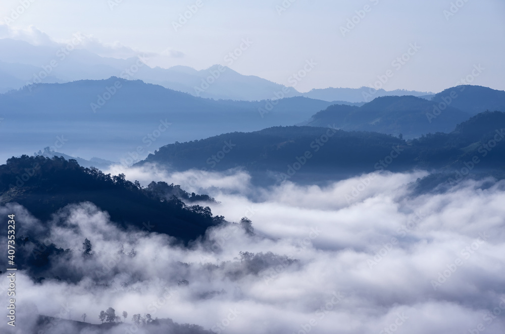 Beautiful morning fog in the valley of northern Thailand, Mae Hong Son, Ban Ja Bo.