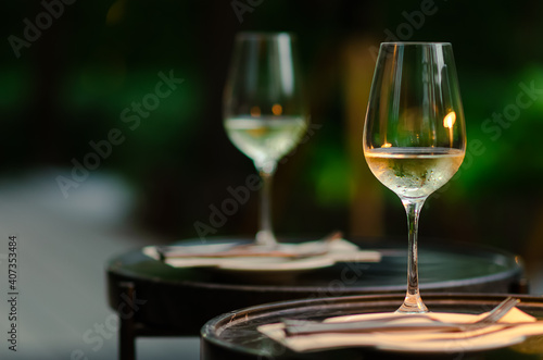 Bild auf Leinwand Two glasses of white wine on table with green background from garden