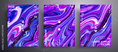 Abstract acrylic placard, fluid art vector texture set. Beautiful background that applicable for design cover, invitation, presentation and etc. Purple, blue and white creative iridescent artwork