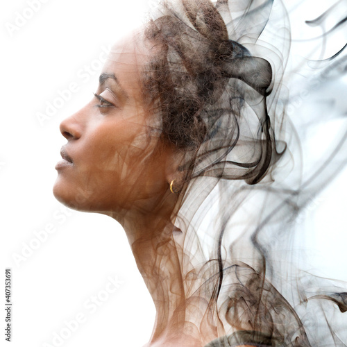 A beautiful artistic double exposure profile portrait
