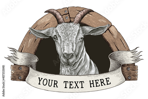 Goat farm logo hand draw vintage engraving style clip art isolated on white background