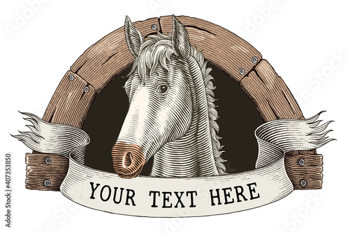 Horse farm logo hand draw vintage engraving style clip art isolated on white background