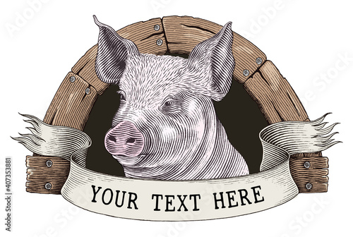 Pig farm logo hand draw vintage engraving style clip art isolated on white background