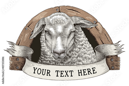 Sheep farm logo hand draw vintage engraving style clip art isolated on white background
