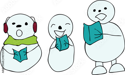 snowman trio caroling in scarf and ear muffs holding books vector illustration isolated singing