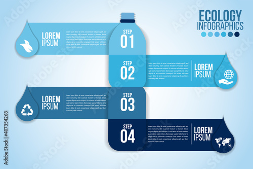 Infographic eco water blue design elements process 4 steps or options parts with drop of water. Ecology organic nature vector business template for presentation.