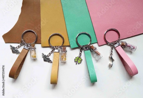 Keychains with colorful leather strap photo