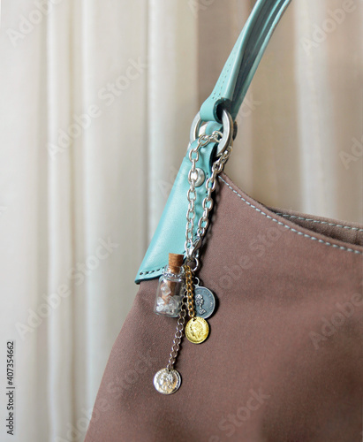 metallic keychain for bag, bag charm with coins hanging on purse